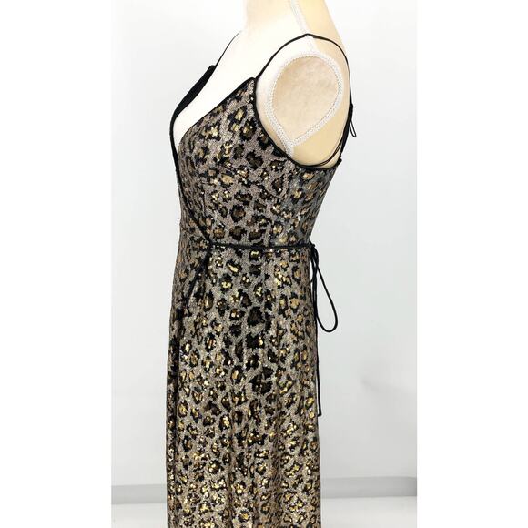 AIDAN BY AIDAN MATTOX Leopard Sequin Wrap Dress Size 0 Gold Black Sleeveless - Picture 9 of 15